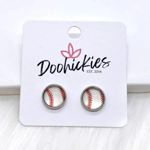 12mm Vintage Baseball in Stainless Steel Earrings