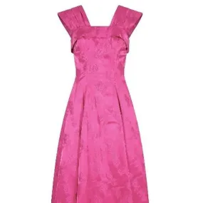 1950s Magenta Jacquard Print Floral Evening Dress