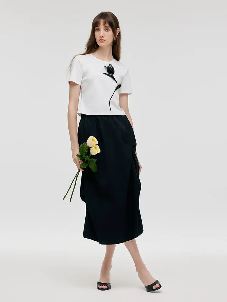 3D Rose T-Shirt And Ruched Skirt Two-Piece Set