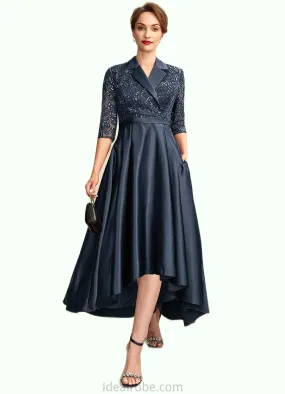 Abby A-Line V-neck Asymmetrical Satin Lace Mother of the Bride Dress With Sequins Pockets STK126P0015008