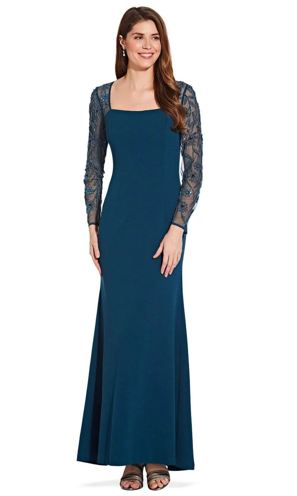 Adrianna Papell - AP1E206039 Beaded Long Sleeve Square Neck Long Dress