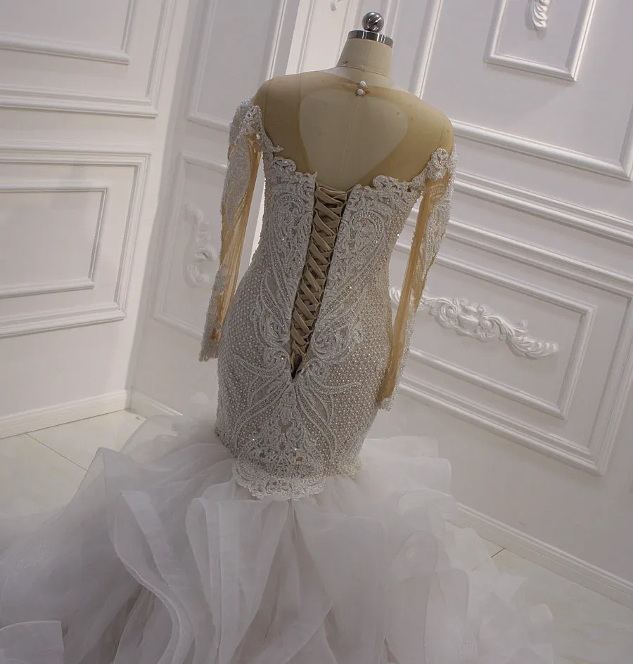 AM625 Champagne Long Lace Applique Mermaid Ruffle Wedding dress