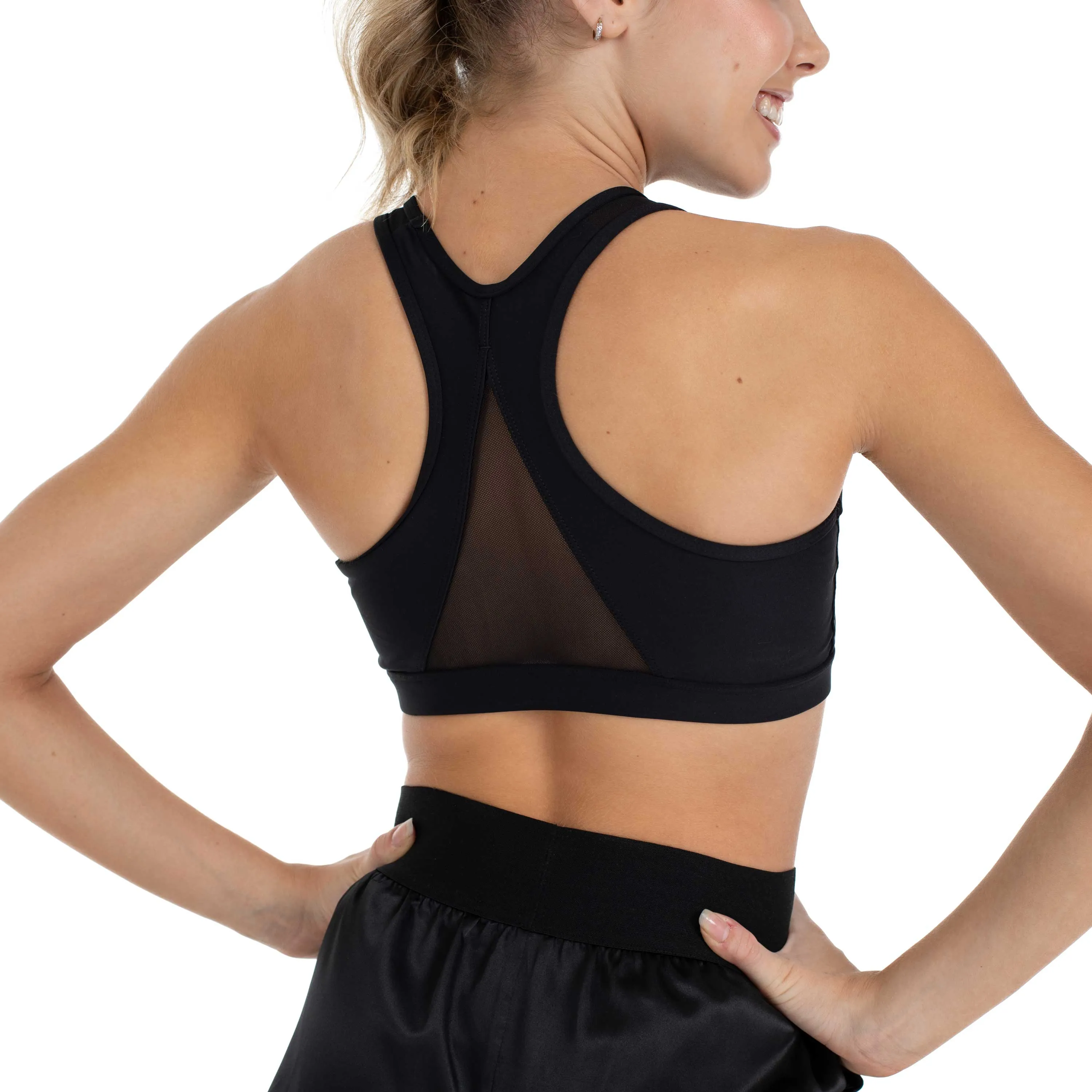 Amber: Mesh Insert Racerback Crop in Black