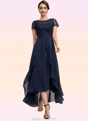 Aria A-Line Scoop Neck Asymmetrical Chiffon Lace Mother of the Bride Dress With Sequins Bow(s) Cascading Ruffles STK126P0014530