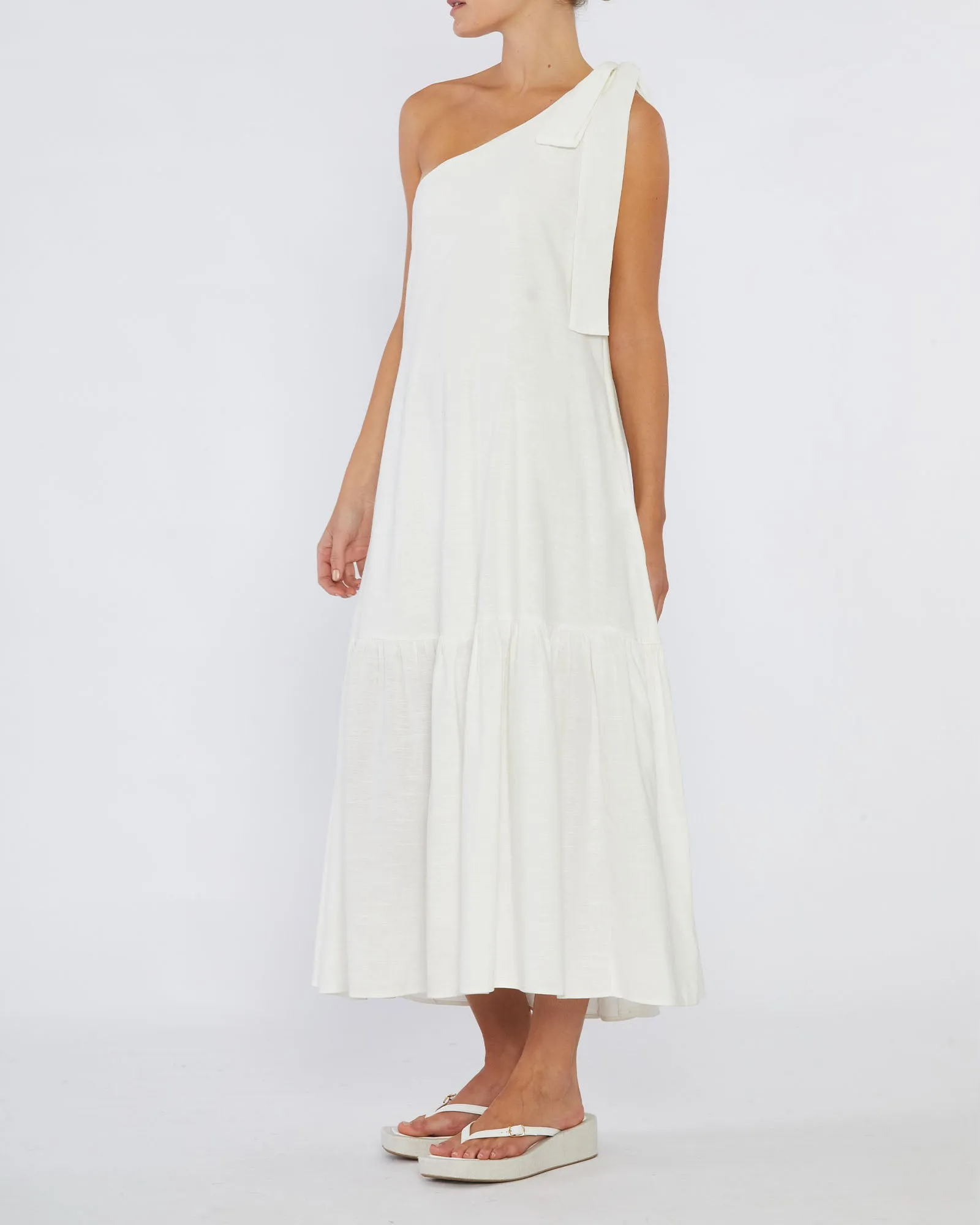 Aruba Linen One Shoulder Dress - White