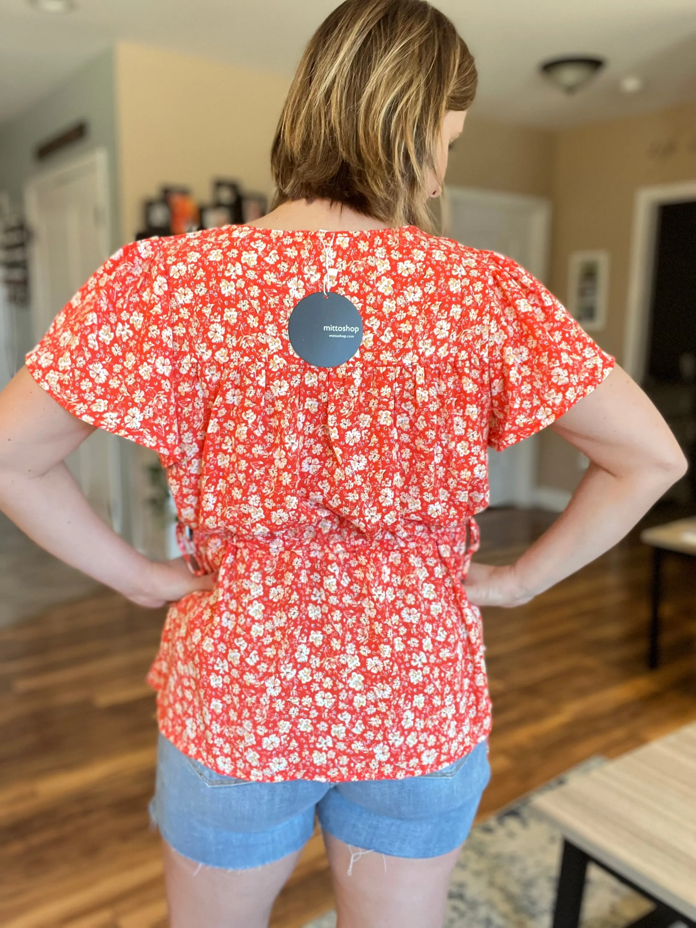 Bermuda Floral Side Tie Blouse in Red