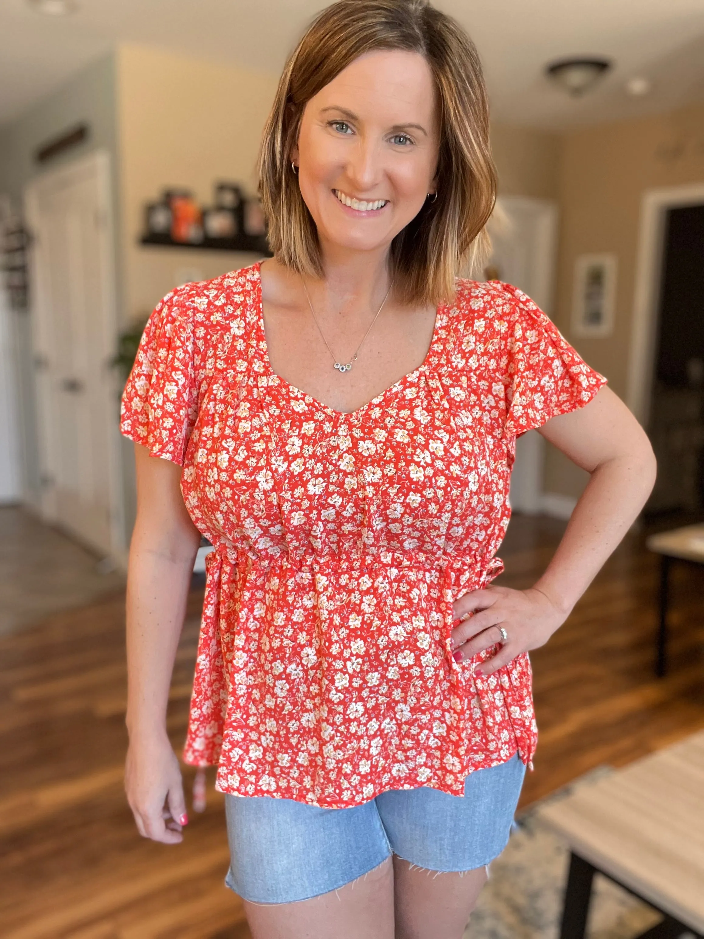 Bermuda Floral Side Tie Blouse in Red