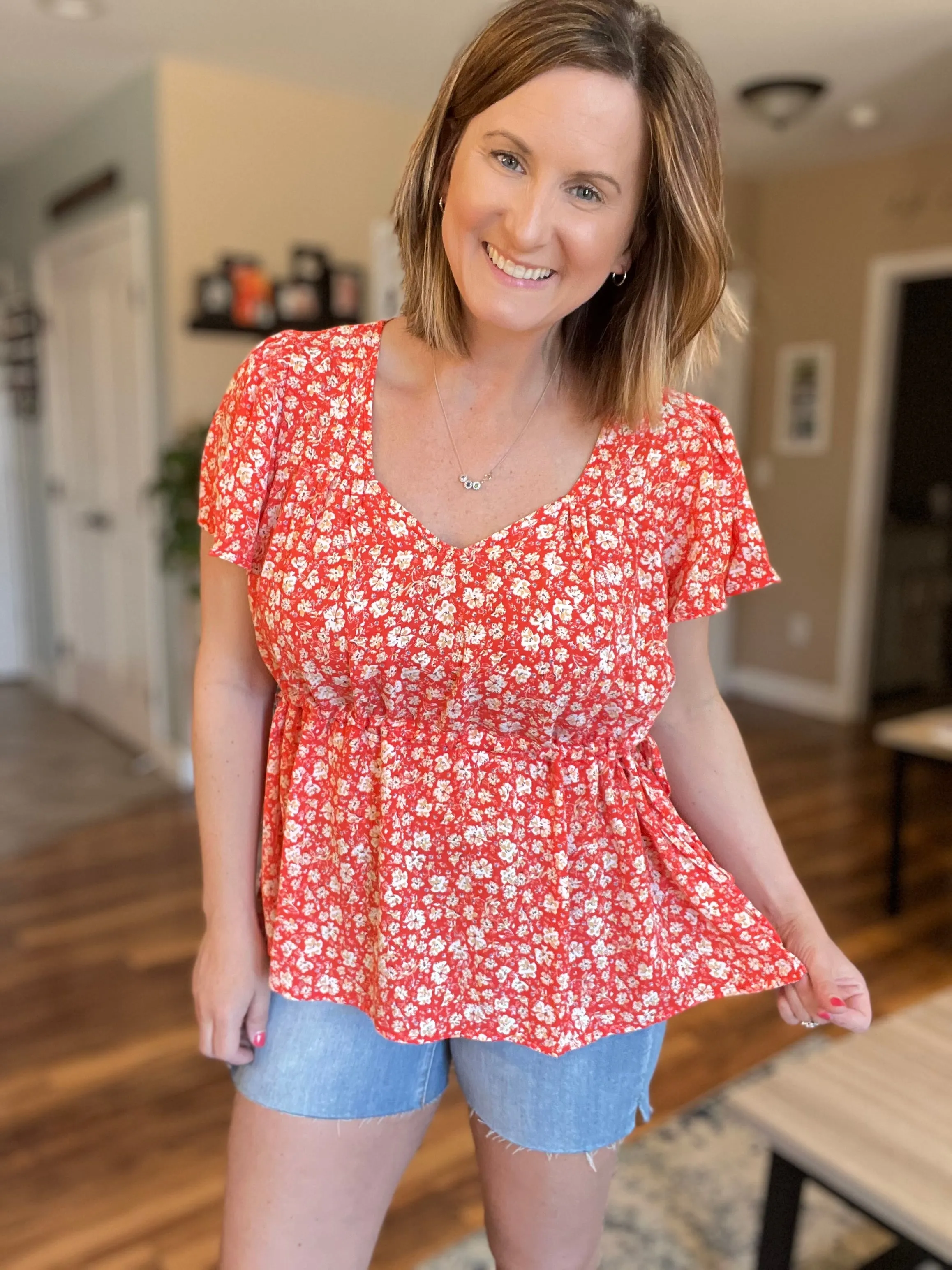 Bermuda Floral Side Tie Blouse in Red