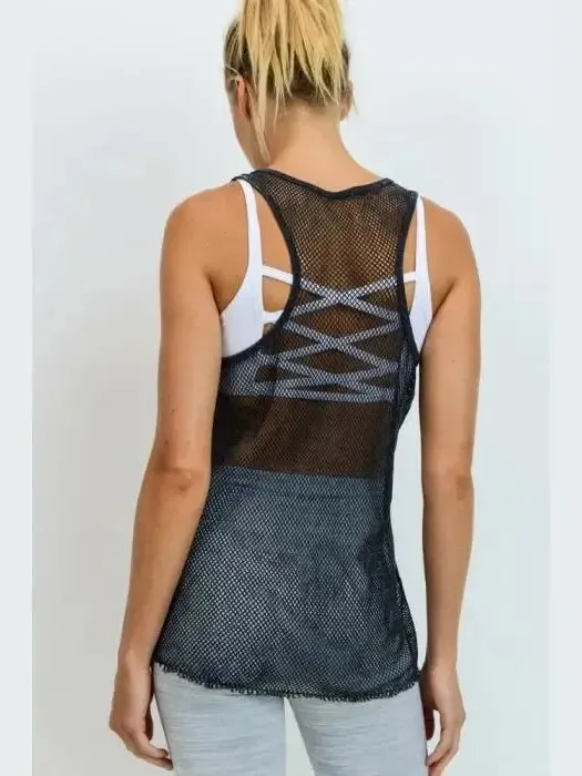 Black Mesh Racerback Mineral Wash Longline Tank Top