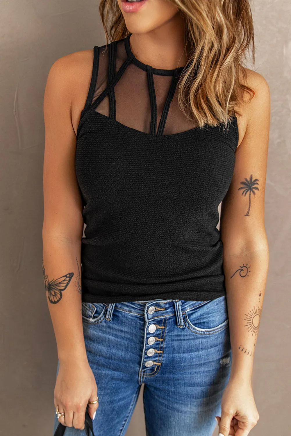 Black Strappy Mesh Tank Top