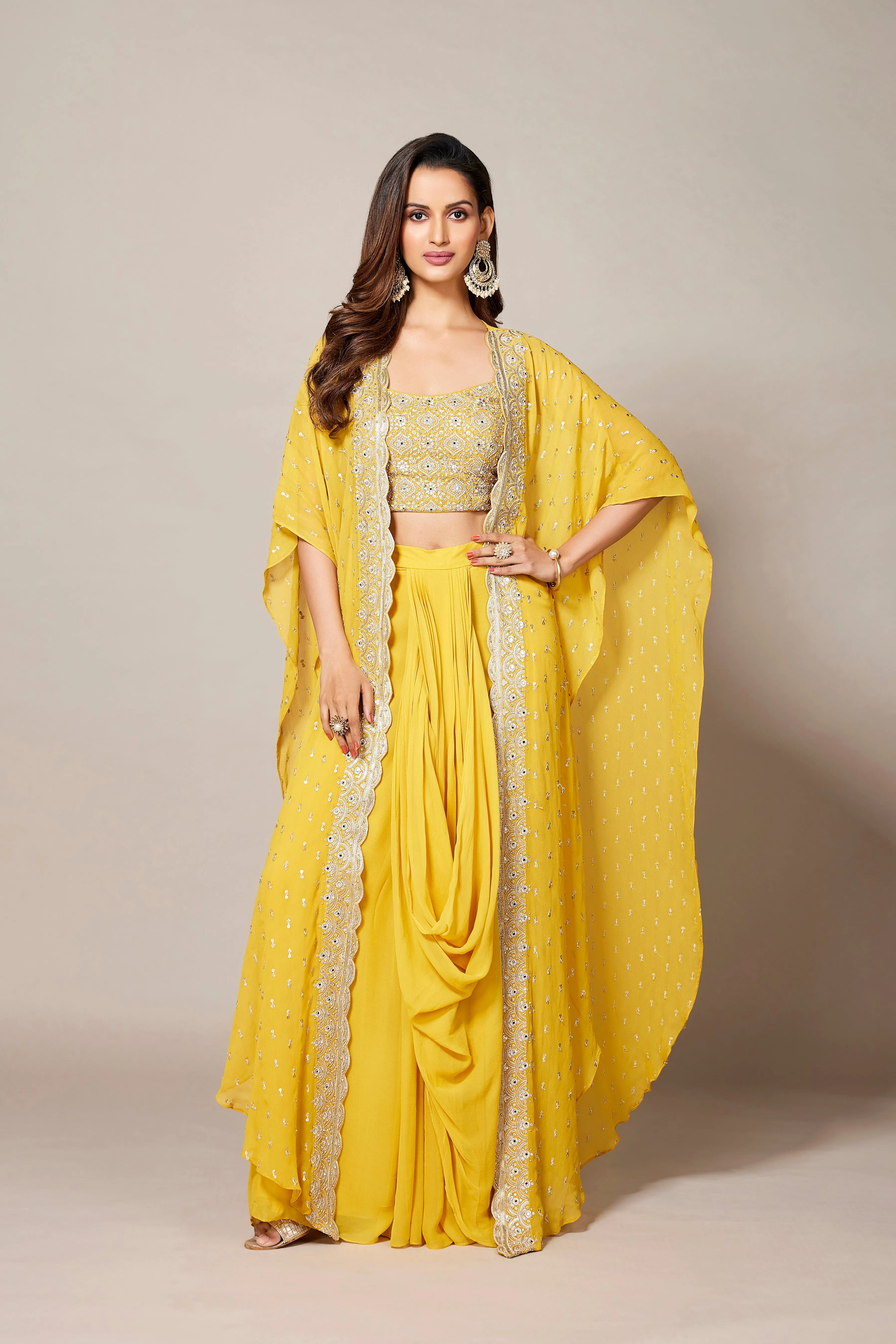 Bright Yellow Embellished Crystal Georgette Silk Cape Set