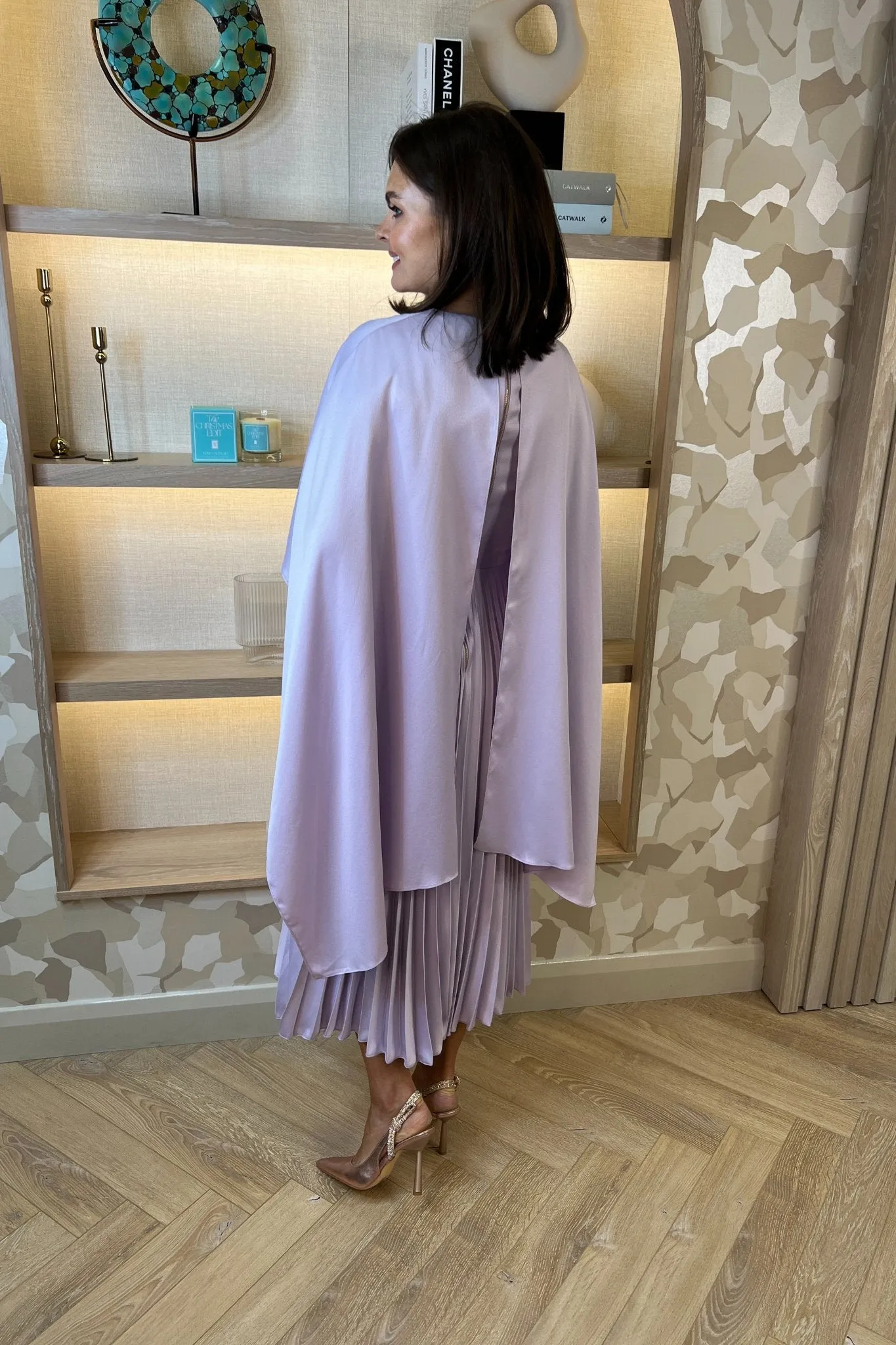 Celine Cape Detail Pleated Dress In Lilac