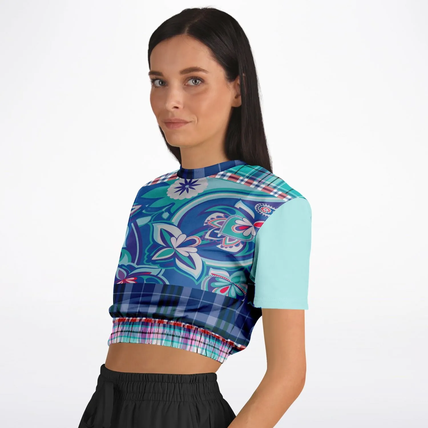 Cerulean Paisley Short Sleeve Cropped Eco-Poly Sweater