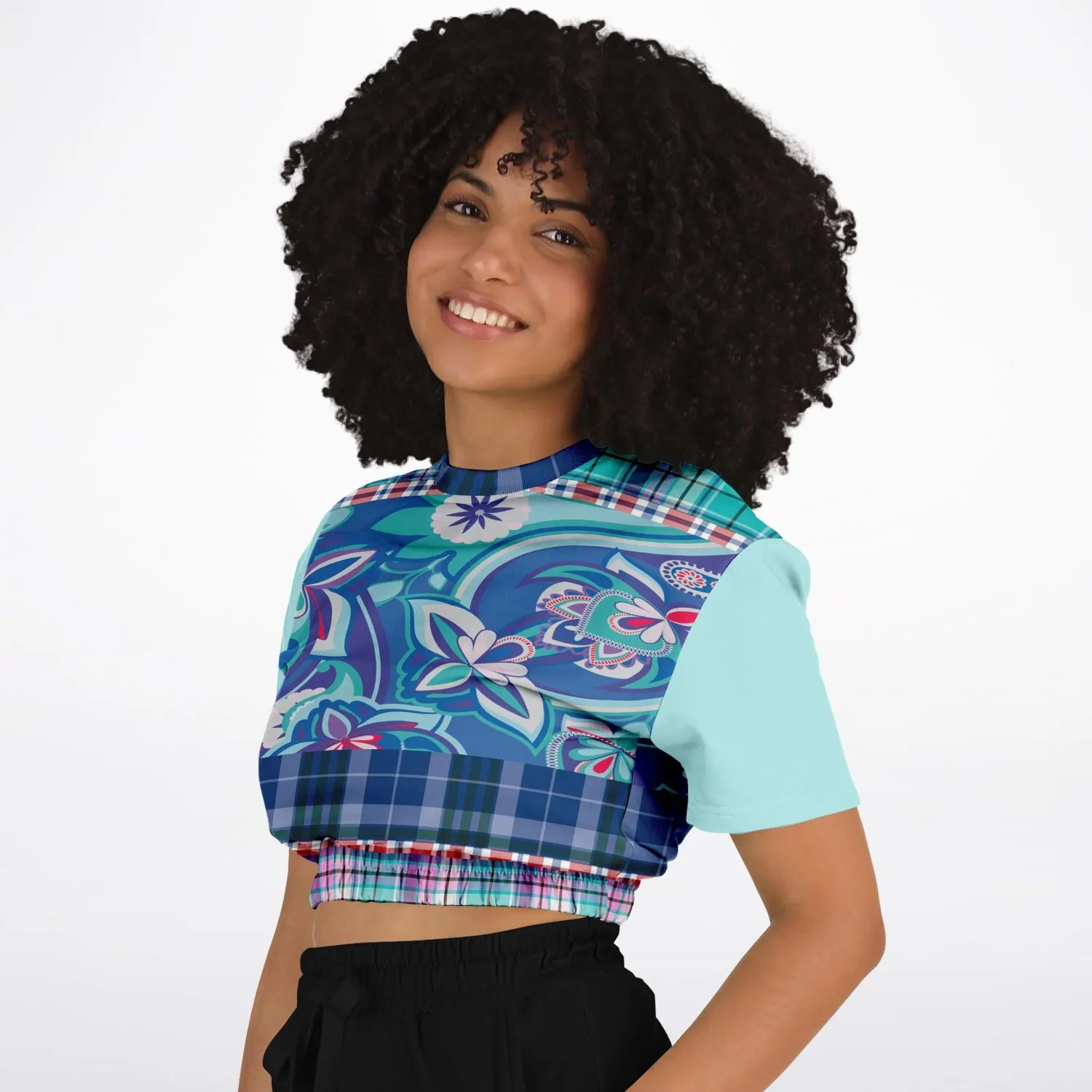 Cerulean Paisley Short Sleeve Cropped Eco-Poly Sweater