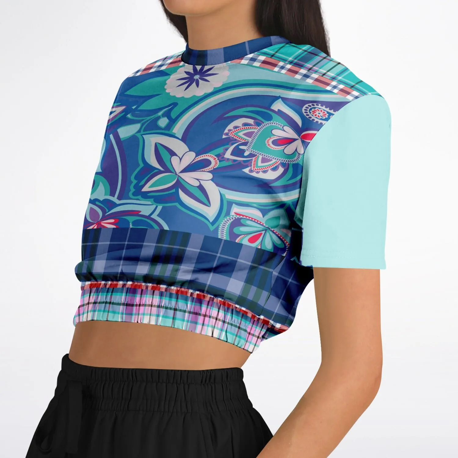 Cerulean Paisley Short Sleeve Cropped Eco-Poly Sweater