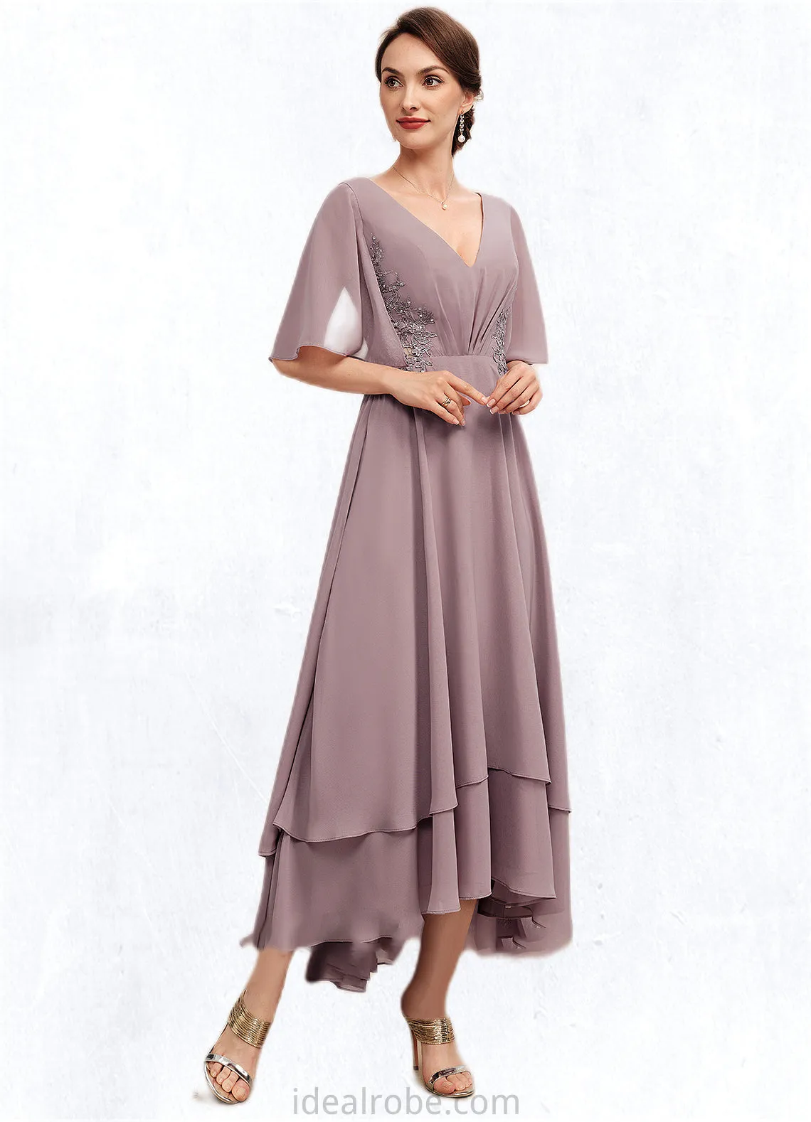 Chloe A-Line V-neck Asymmetrical Chiffon Mother of the Bride Dress With Ruffle Lace Beading STK126P0014839