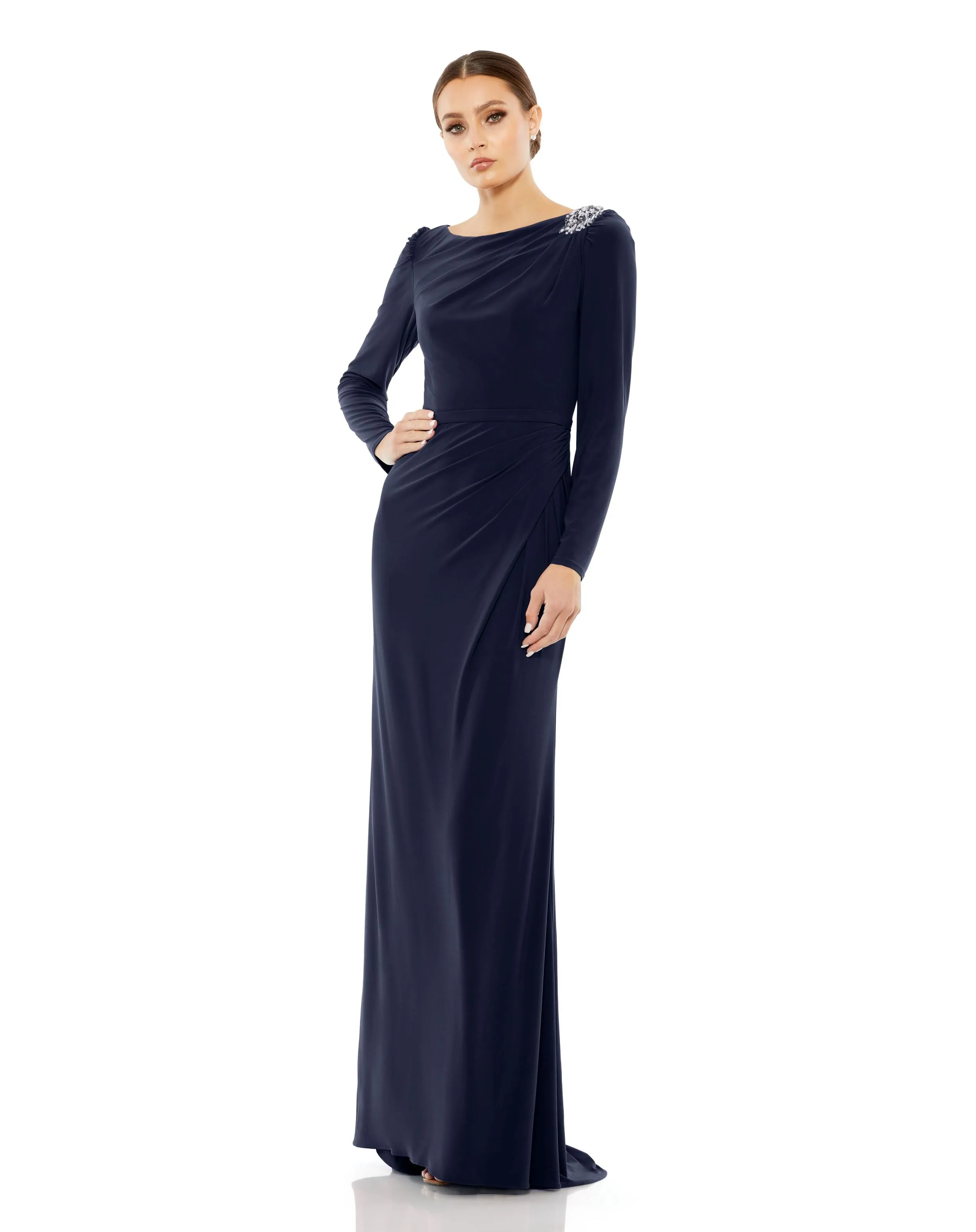 Draped Bateau Long Sleeve Trumpet Gown