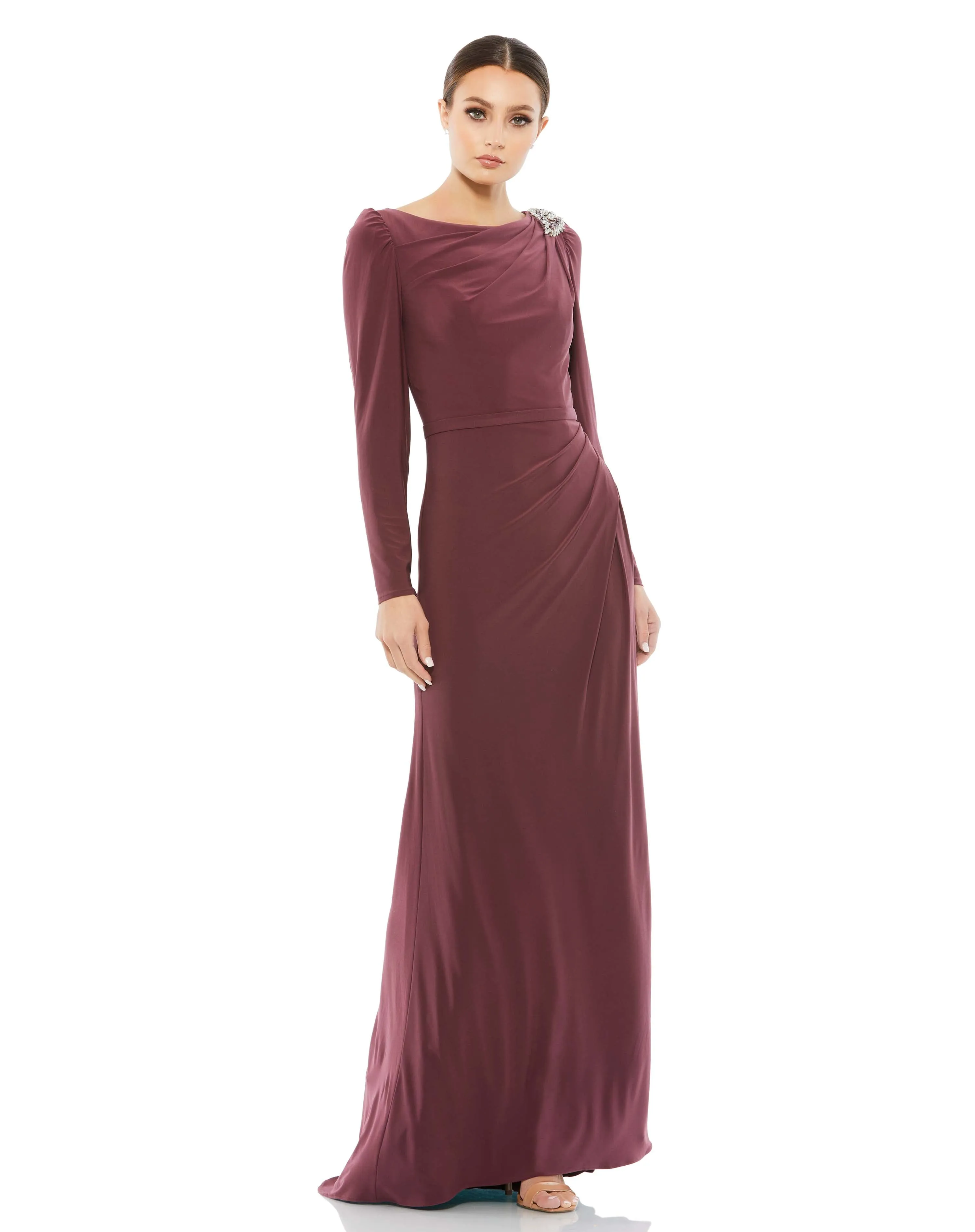 Draped Bateau Long Sleeve Trumpet Gown