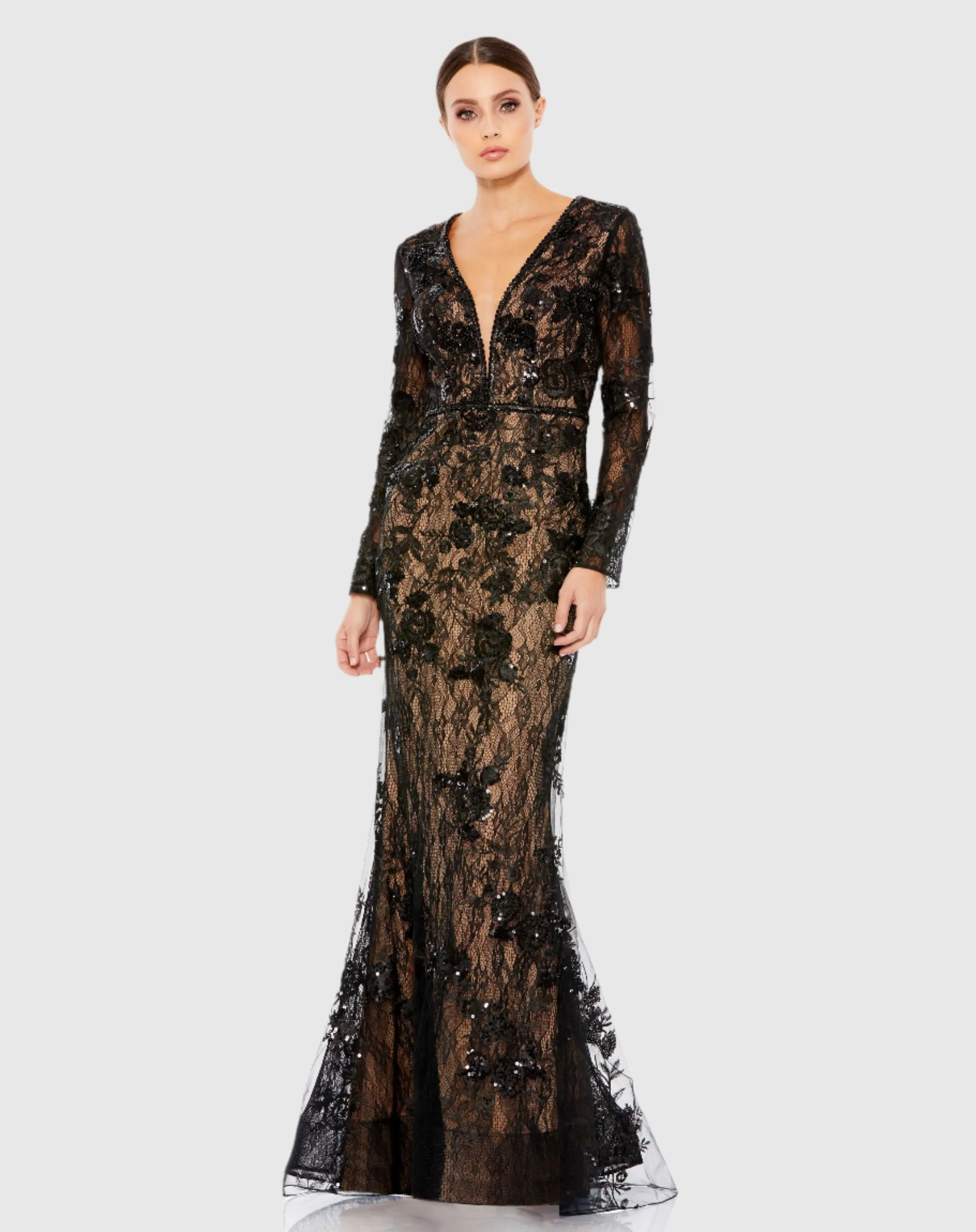 Embellished Long Sleeve Plunge Neck Trumpet Gown