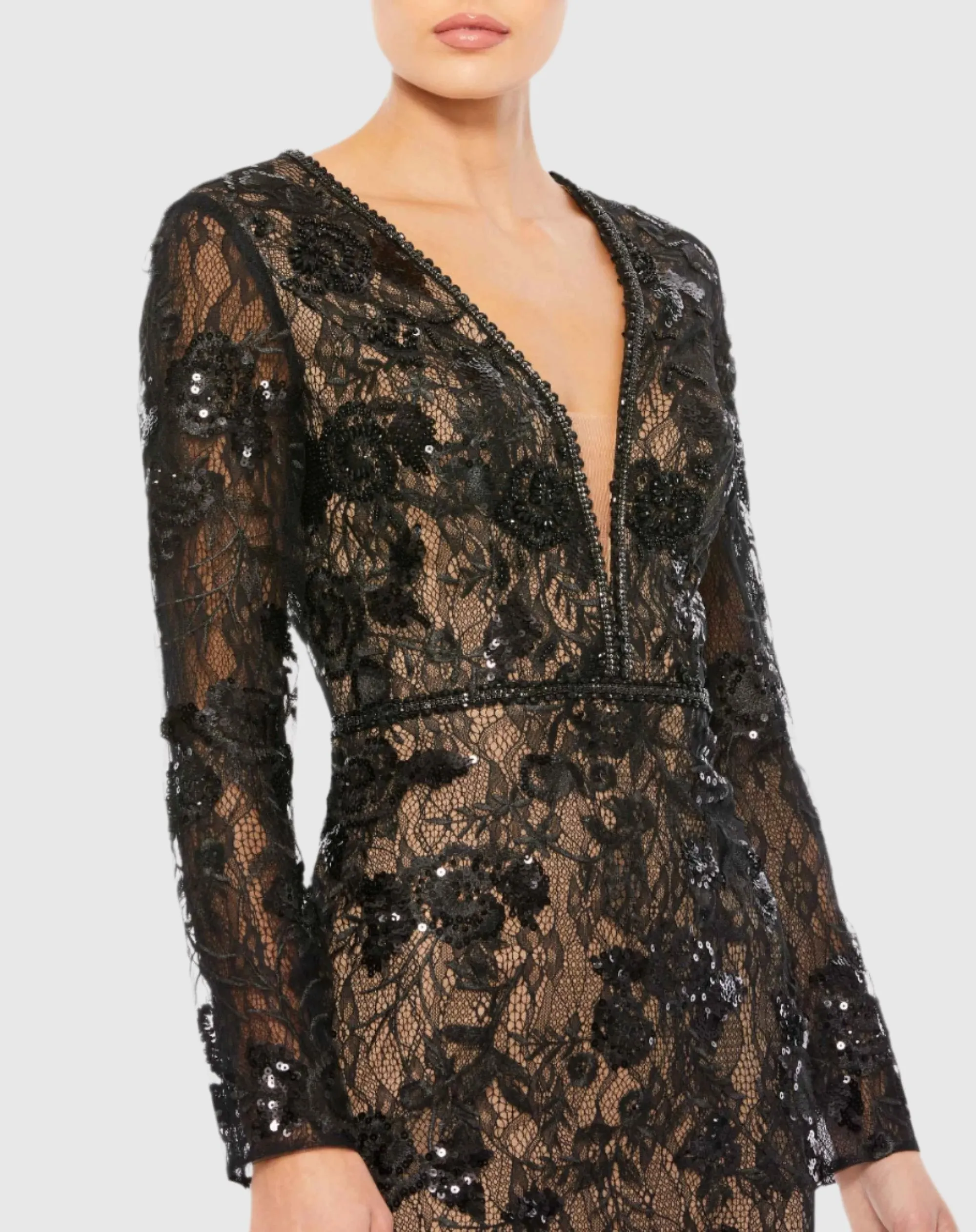 Embellished Long Sleeve Plunge Neck Trumpet Gown