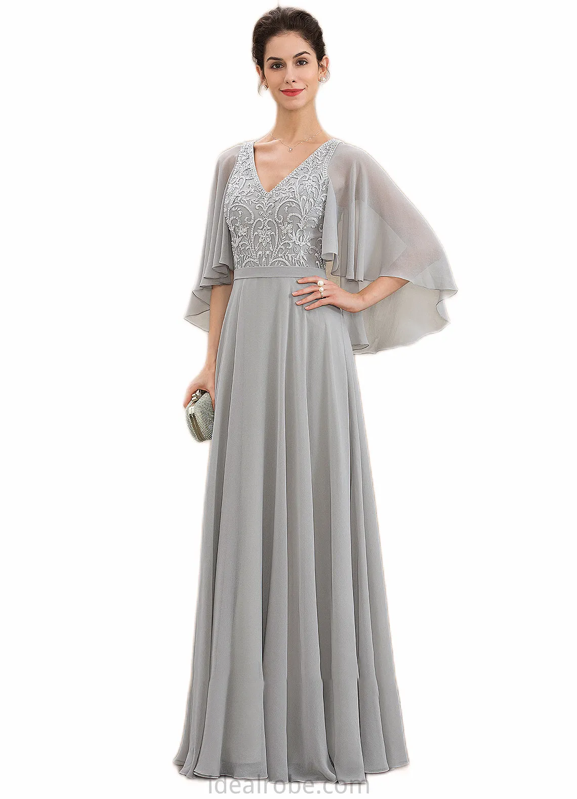 Frances A-line V-Neck Floor-Length Chiffon Lace Mother of the Bride Dress With Beading Sequins STK126P0014563