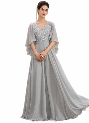 Frances A-line V-Neck Floor-Length Chiffon Lace Mother of the Bride Dress With Beading Sequins STK126P0014563