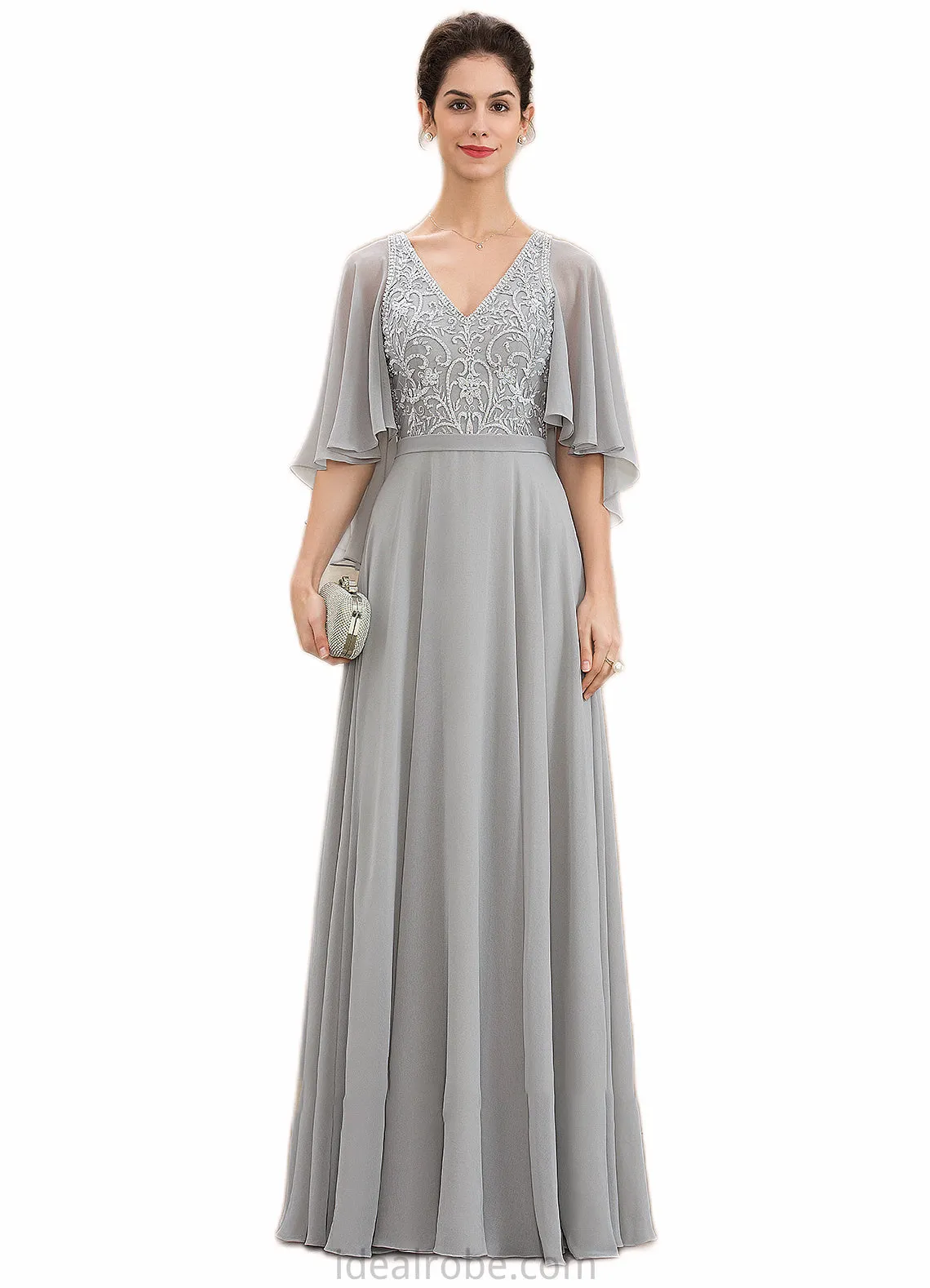 Frances A-line V-Neck Floor-Length Chiffon Lace Mother of the Bride Dress With Beading Sequins STK126P0014563