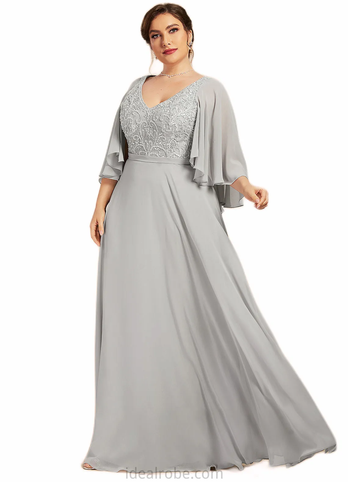 Frances A-line V-Neck Floor-Length Chiffon Lace Mother of the Bride Dress With Beading Sequins STK126P0014563