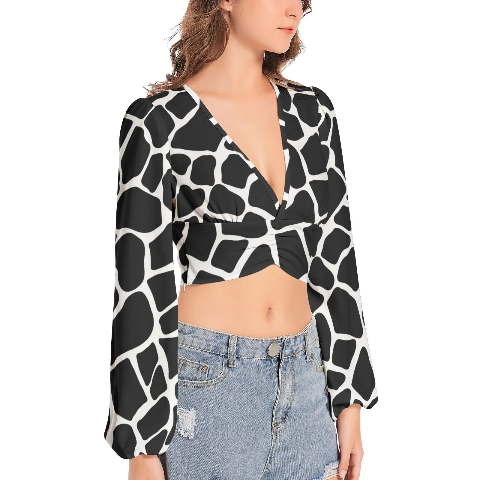 Giraffe Print Women's Deep V-Neck Lantern Sleeve Crop Top