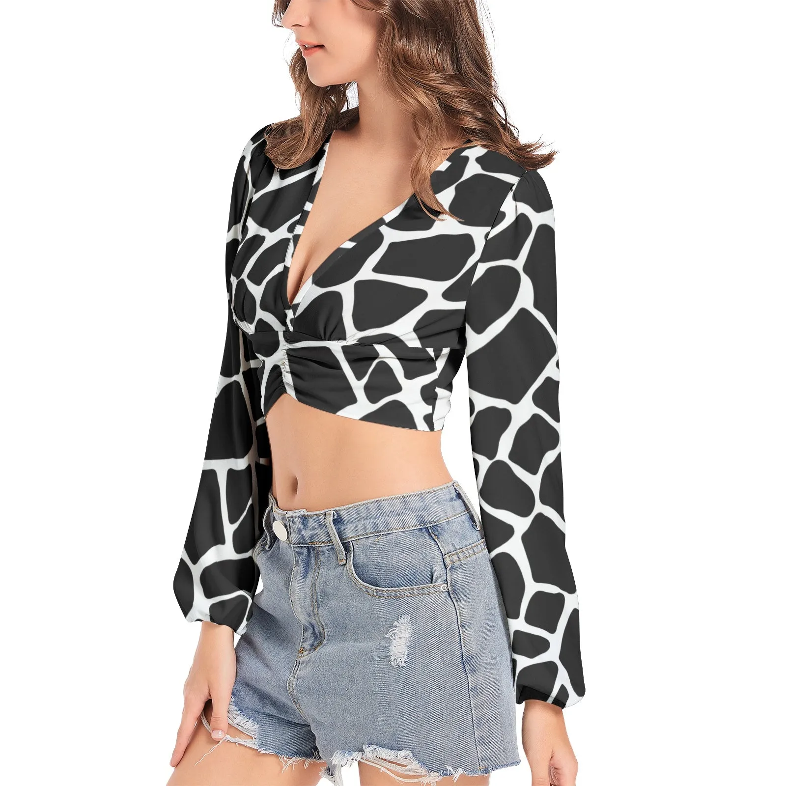 Giraffe Print Women's Deep V-Neck Lantern Sleeve Crop Top