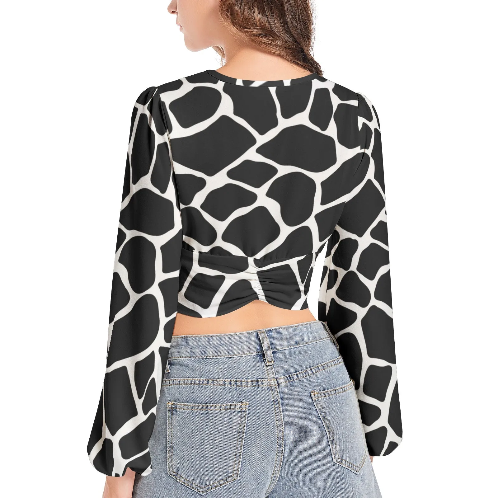 Giraffe Print Women's Deep V-Neck Lantern Sleeve Crop Top