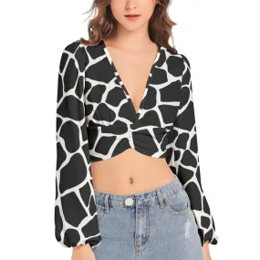 Giraffe Print Women's Deep V-Neck Lantern Sleeve Crop Top