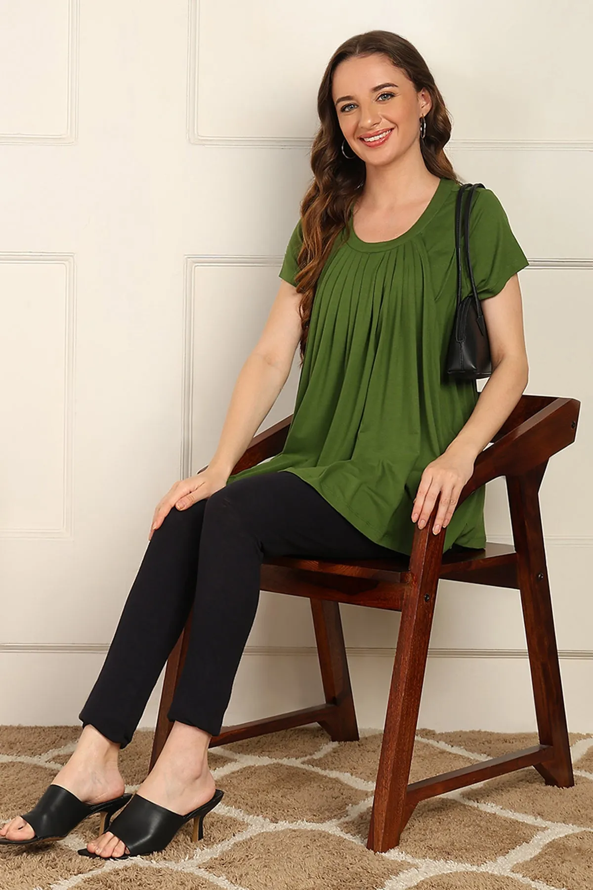 Green Pleated Zipless Nursing Top