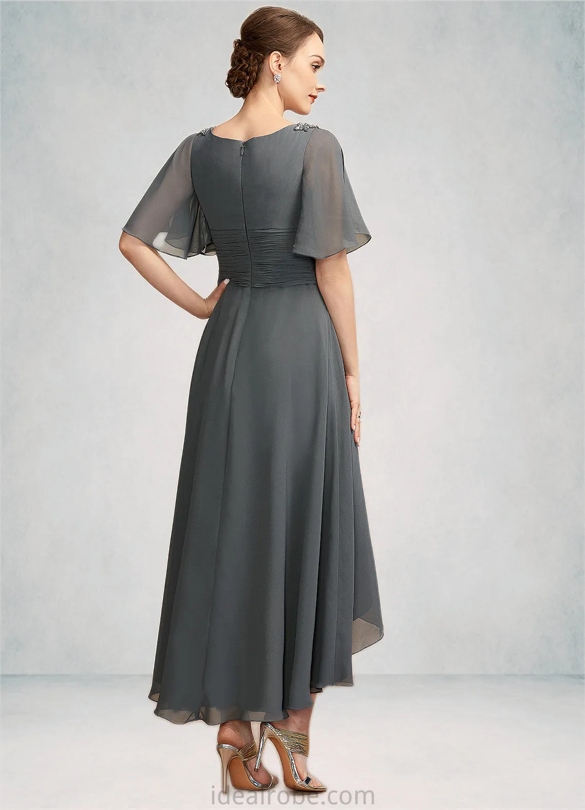 Hallie A-Line V-neck Asymmetrical Chiffon Mother of the Bride Dress With Ruffle Beading STK126P0014744