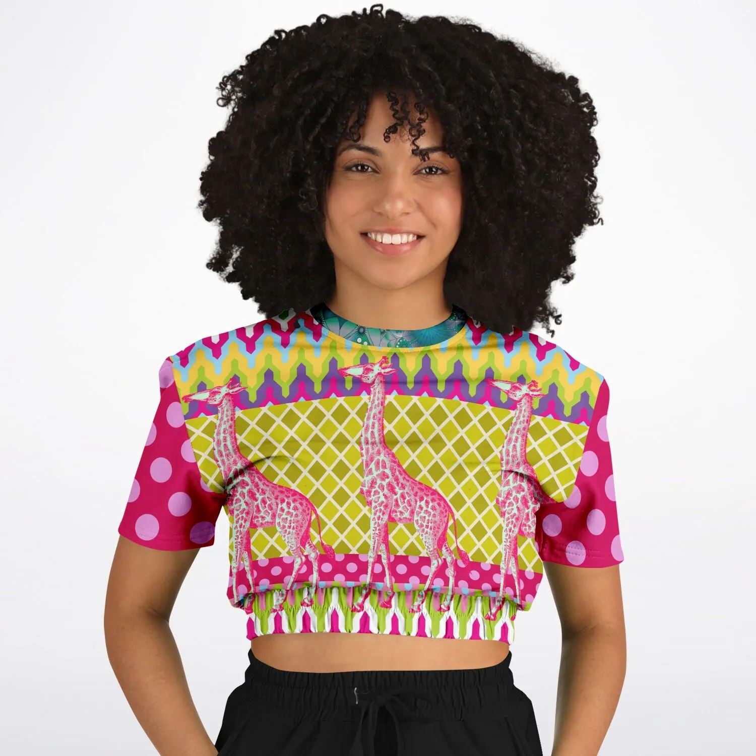 Hello Janis! Pink Geo Giraffe Print Short Sleeve Cropped Sweater