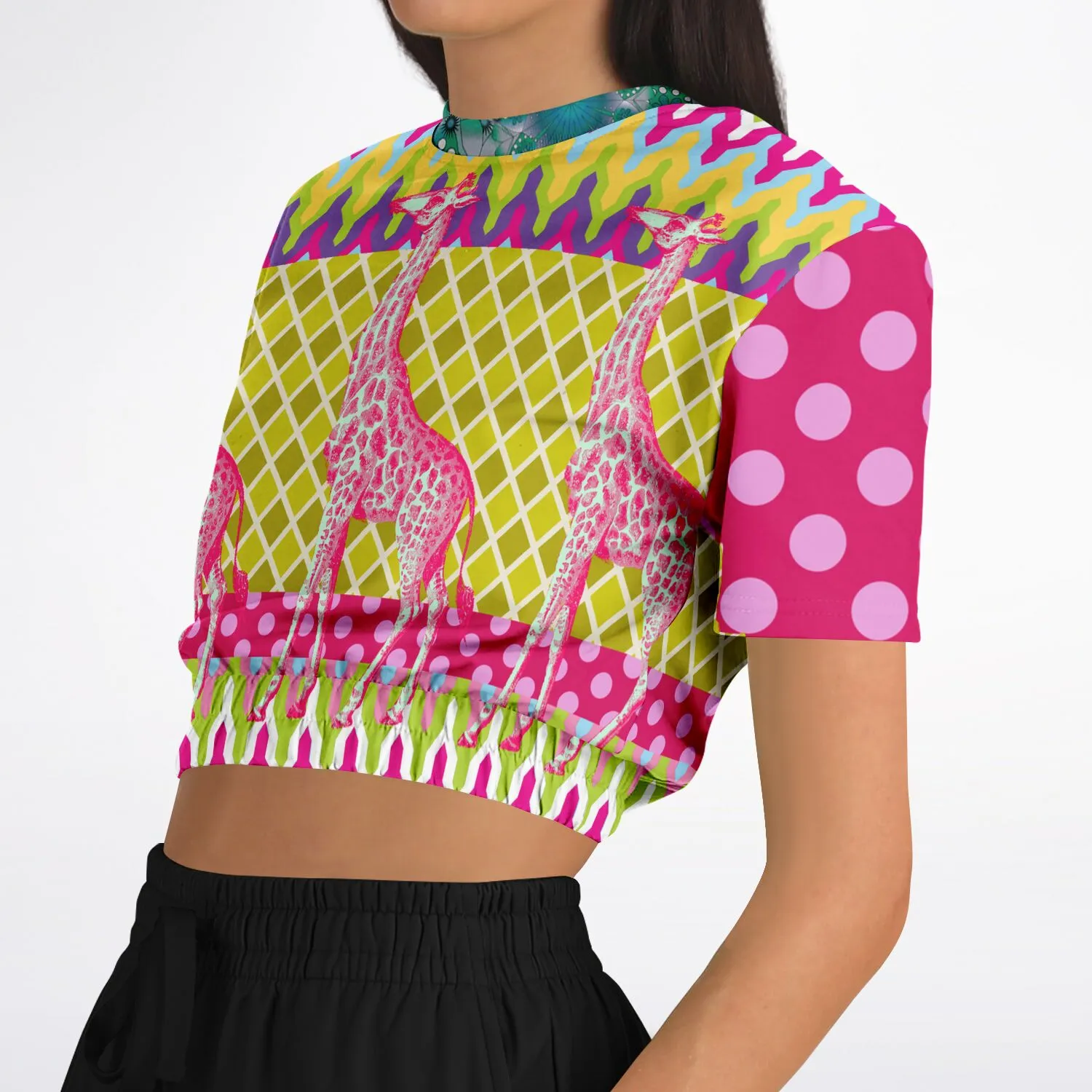 Hello Janis! Pink Geo Giraffe Print Short Sleeve Cropped Sweater