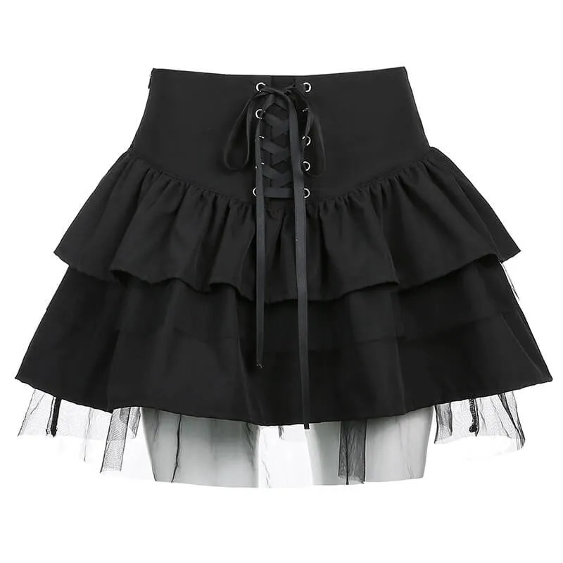 INS DARK FASHION BLACK HIGH WAIST CAKE SKIRT BY90050