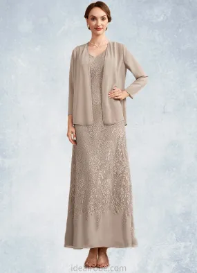 Jaslyn A-Line V-neck Ankle-Length Chiffon Lace Mother of the Bride Dress STK126P0014851