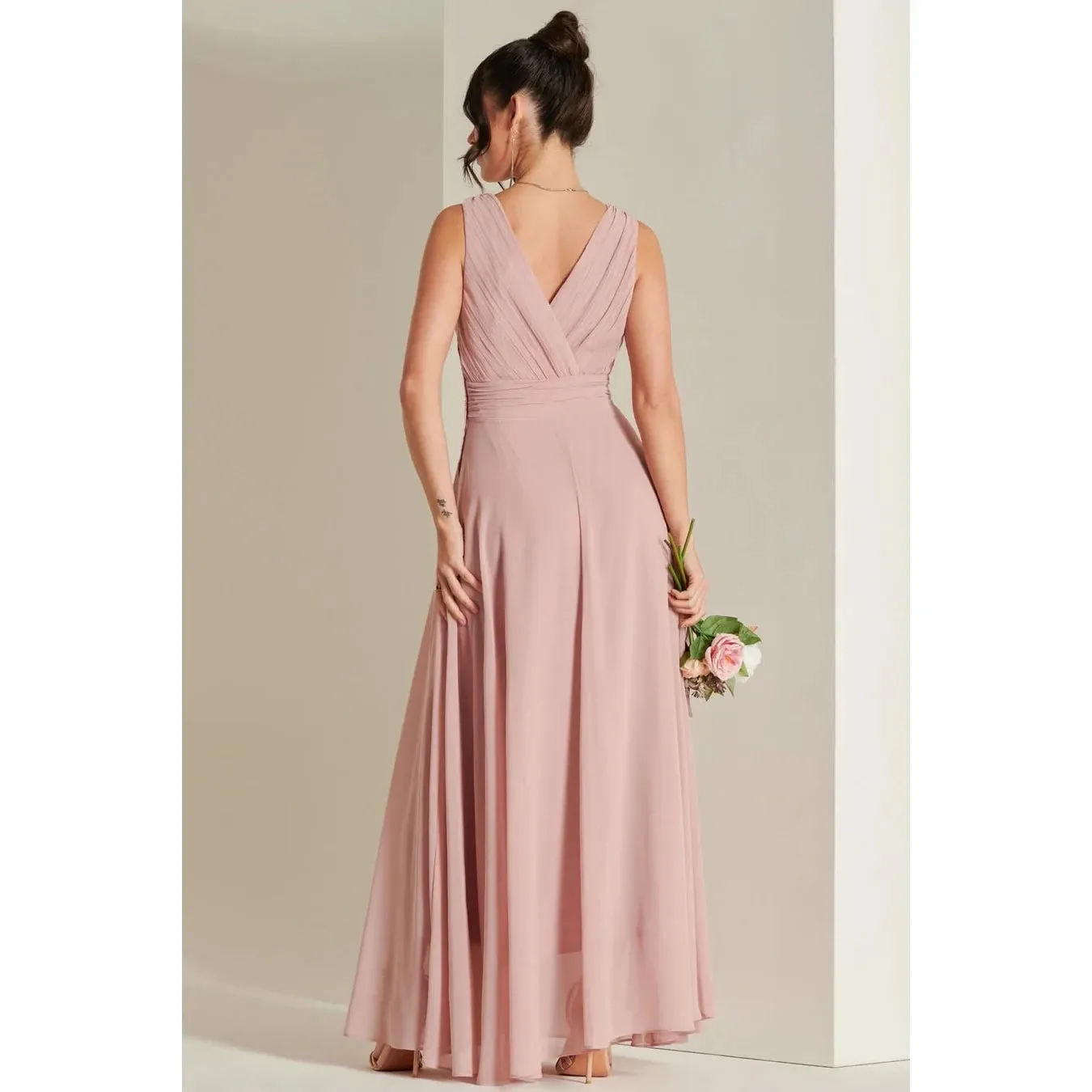 Jolie Moi Blush Pink V-Neck Pleated Bodice Maxi Dress