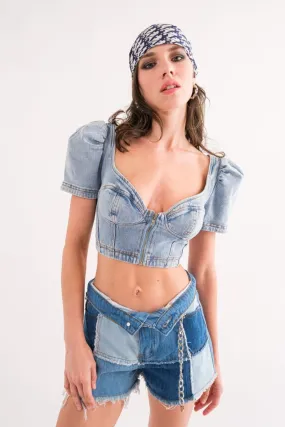 Jordi Puff Sleeve Bustier Zip Up Denim Crop Top