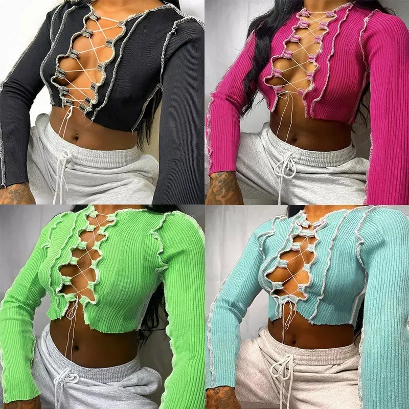 Lace Up Long Sleeve Crop Top