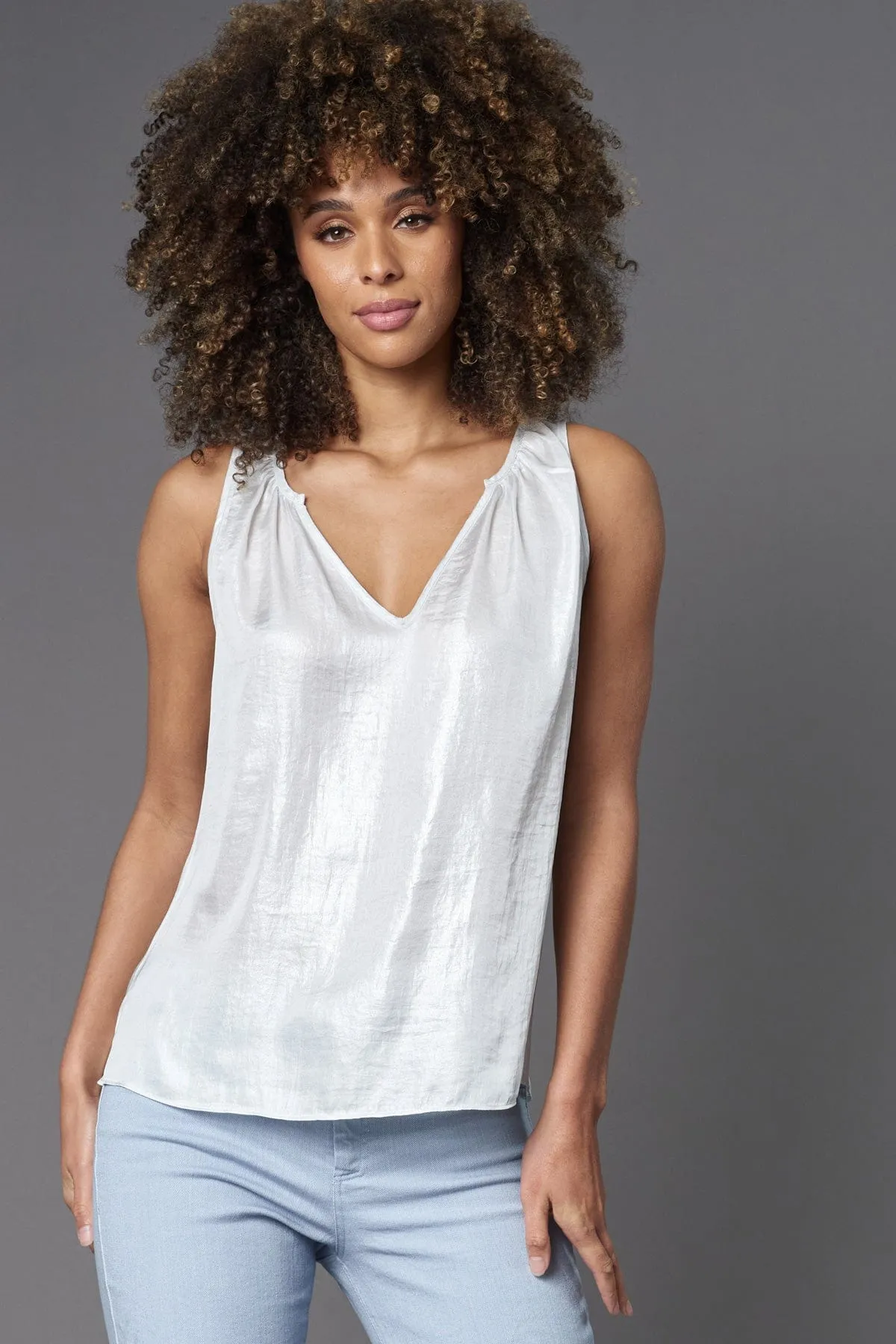 Lola & Sophie Foil Satin Split V Neck Tank