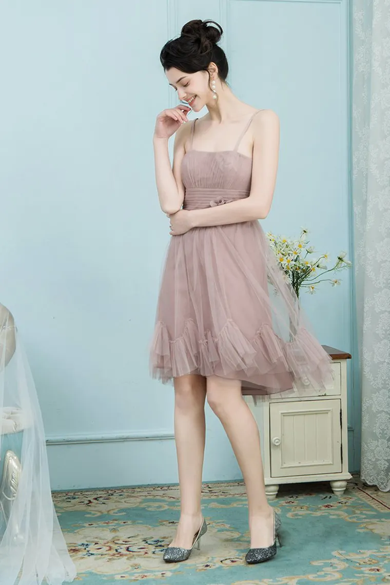 Lorelei A-Line/Princess Knee Length Tulle Natural Waist Spaghetti Straps Bridesmaid Dresses