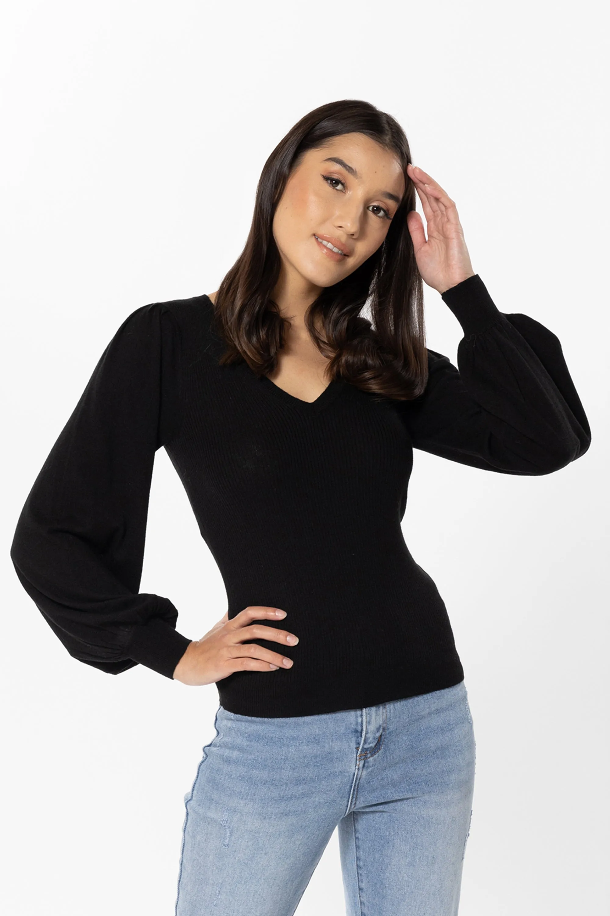 Milan Black Merino Blend V Neck Blouson Pullover