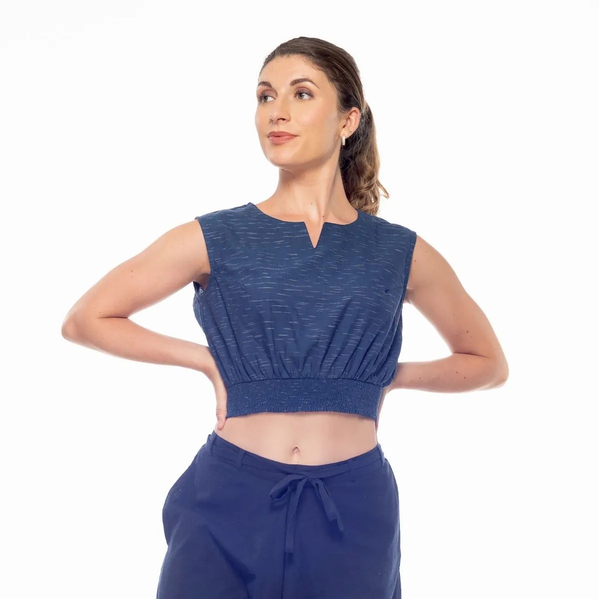 Navy-Blue Handwoven Cotton Sleeveless Smocked Crop Top | Smocked Crop Top