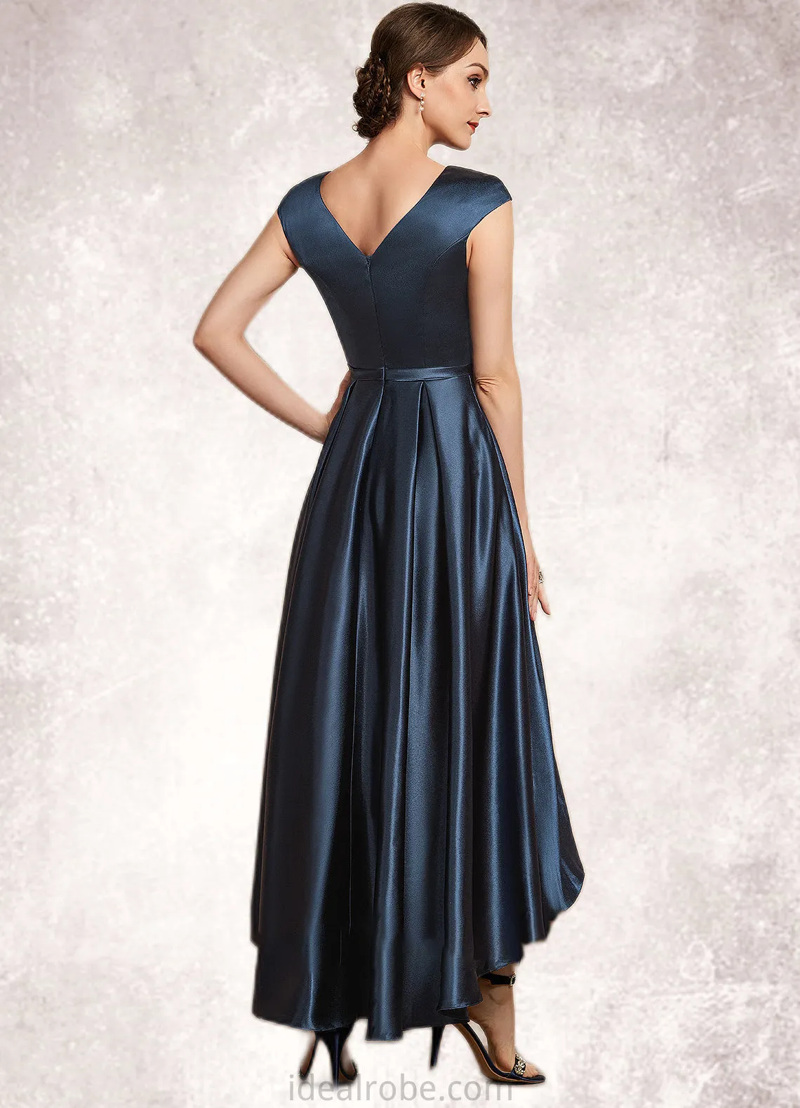 Olive A-Line Scoop Neck Asymmetrical Satin Mother of the Bride Dress With Bow(s) Pockets STK126P0014976