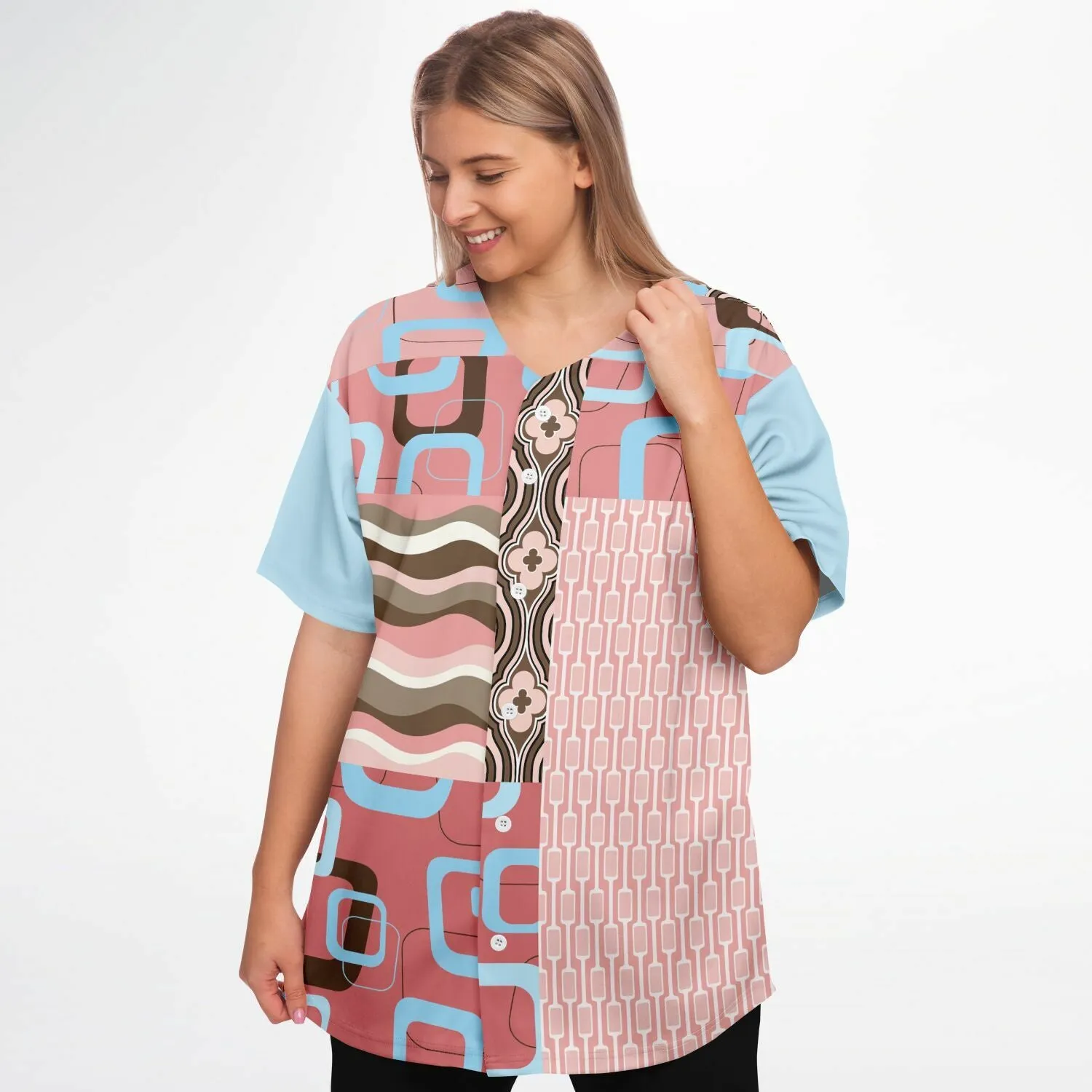 Pink Geo Patchwork Button Front Jersey