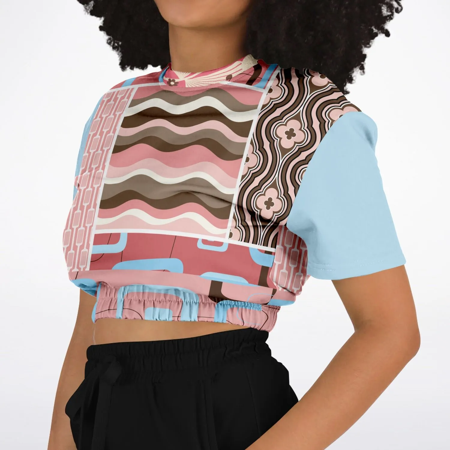 Pink Geo Retro Striped Short Sleeve Cropped Eco-Poly Sweater