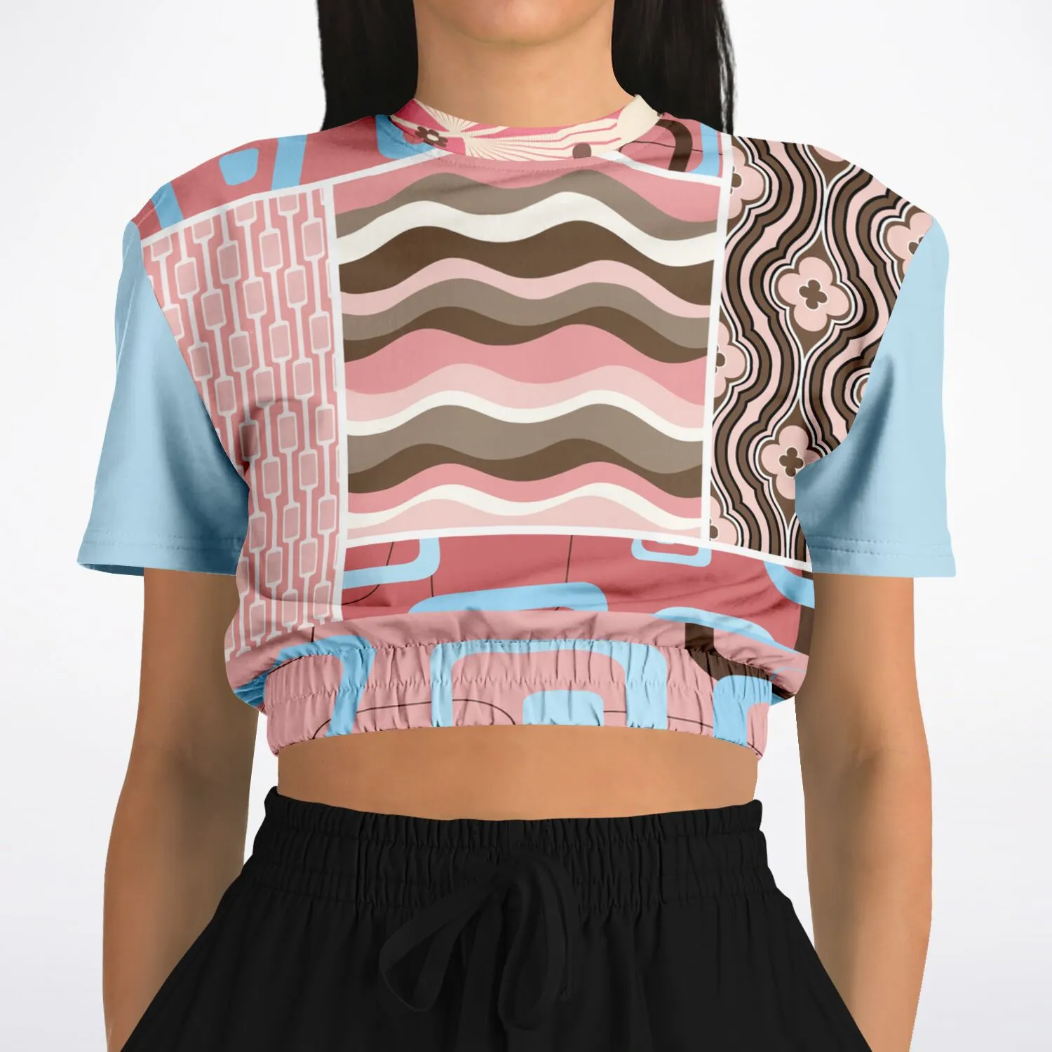 Pink Geo Retro Striped Short Sleeve Cropped Eco-Poly Sweater