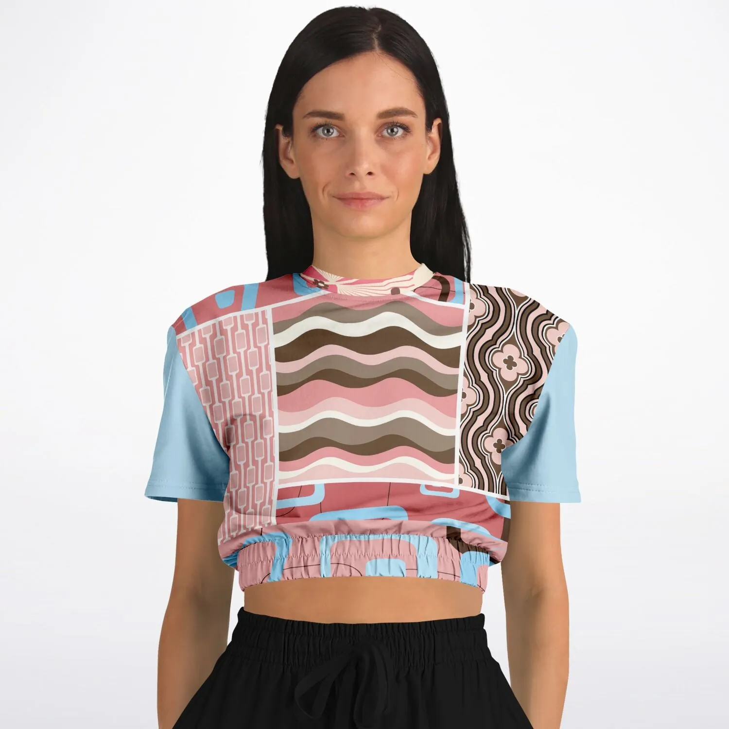 Pink Geo Retro Striped Short Sleeve Cropped Eco-Poly Sweater